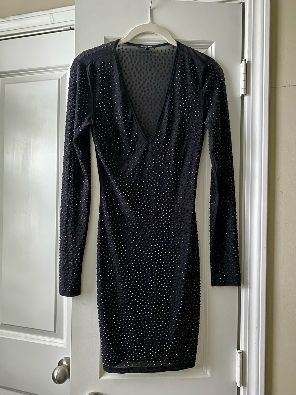 Fashion Nova Black Sheer Long-Sleeve V-Neck Embellished Cocktail Dress
